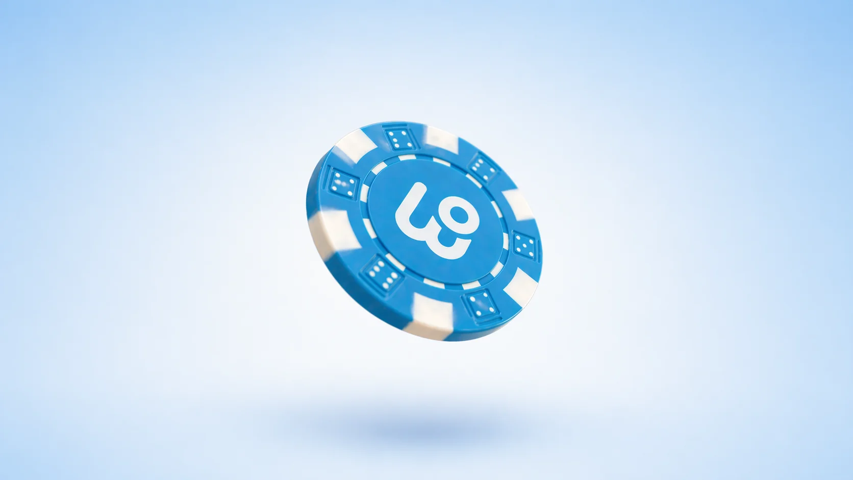 A blue and white casino-style poker chip featuring the WeRide logo in the centre, shown mid-air at an angle against a soft light blue gradient background. The chip's edge is decorated with dice patterns in place of the usual suit markings.