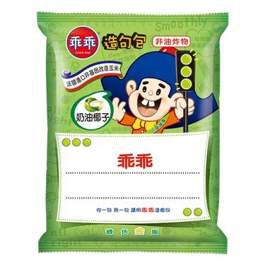 一包乖乖奶油椰子口味的零食,包裝上印有綠色乖乖人偶和交通號誌