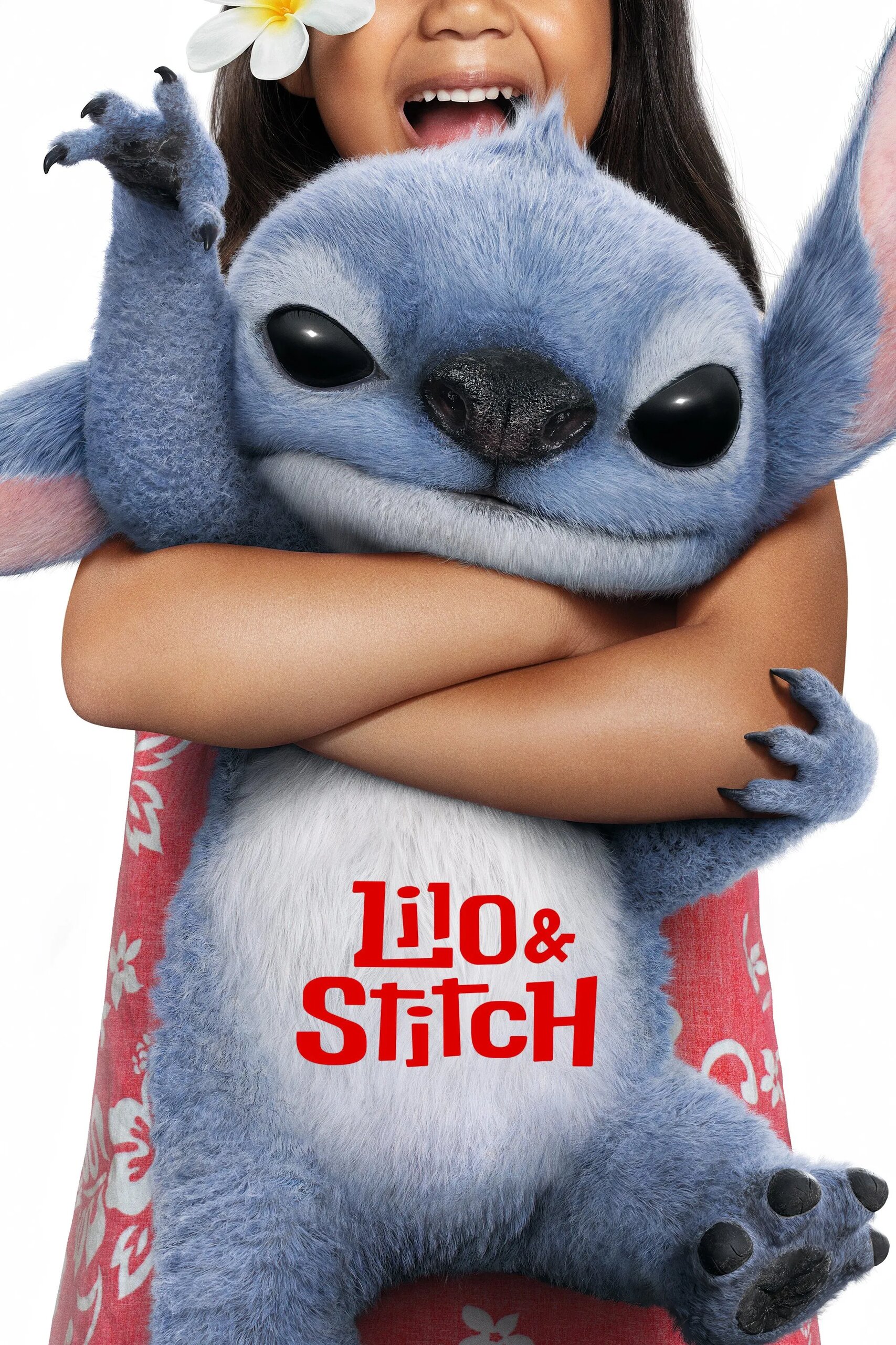 莉蘿開心地抱著藍色外星生物史迪奇,圖片上有紅色的「Lilo & Stitch」標題。