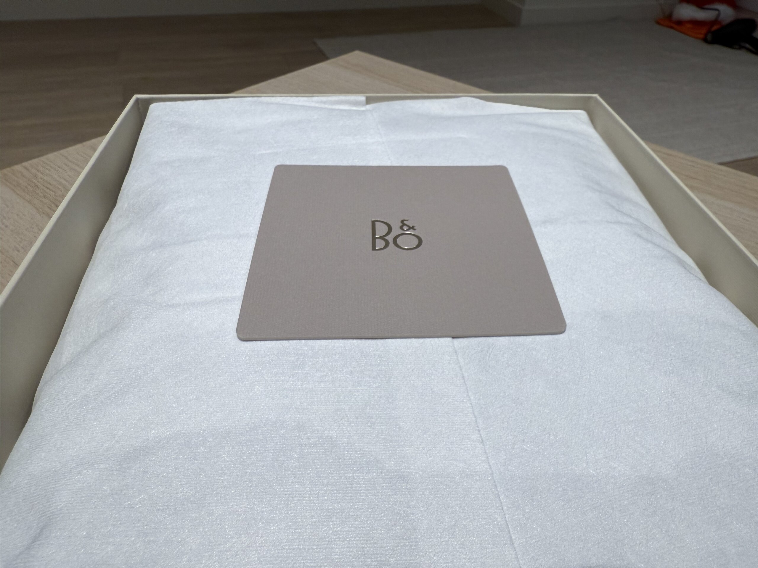 Beoplay H100 包裝內卡片的正面，中央印有標誌性的 B&O 標誌。
