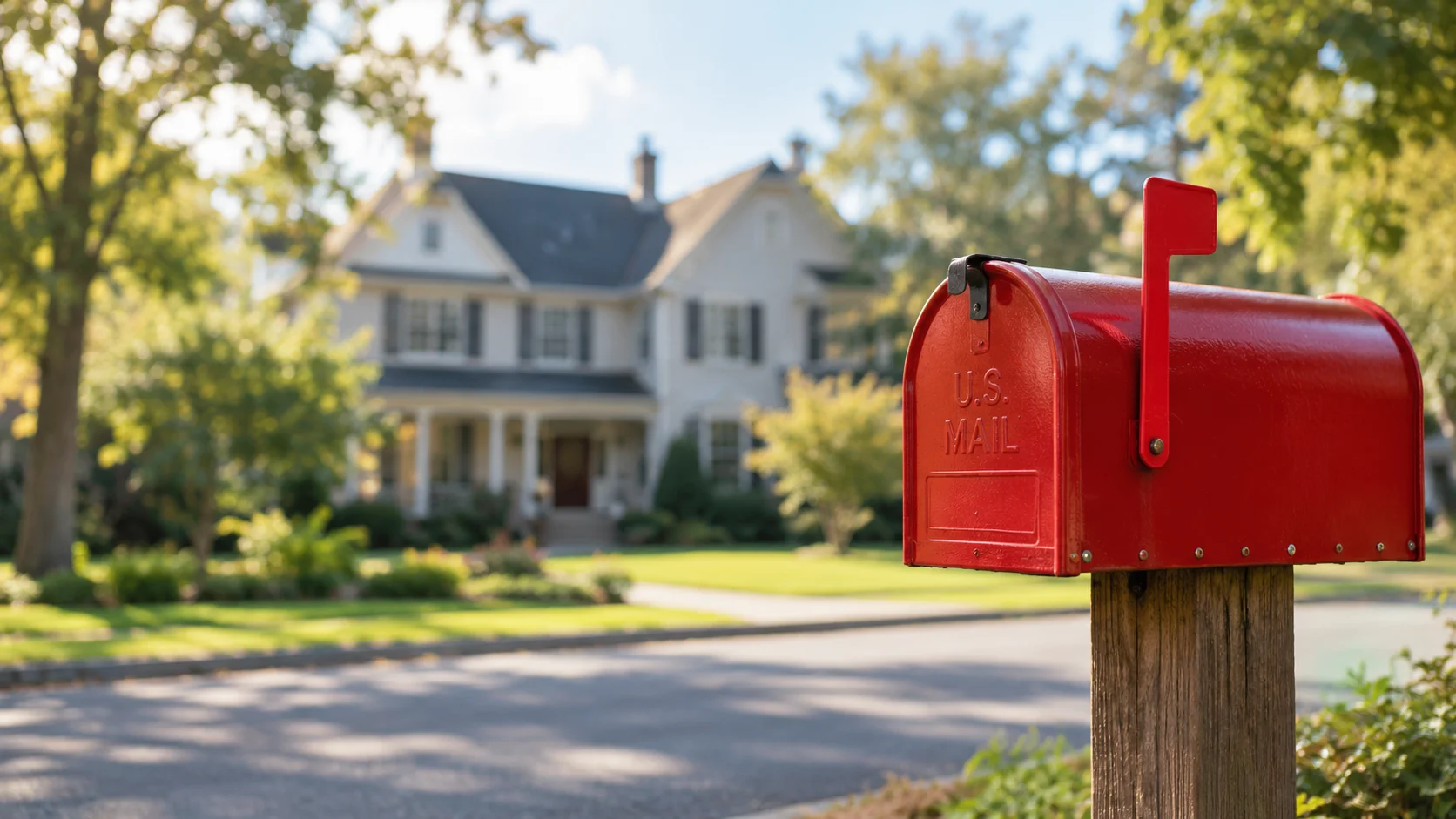 A bright red U.S. Mail mailbox with its flag raised, mounted on a weathered wooden post at the end of a driveway. A white two-story suburban house with a covered porch sits blurred in the background among green trees.