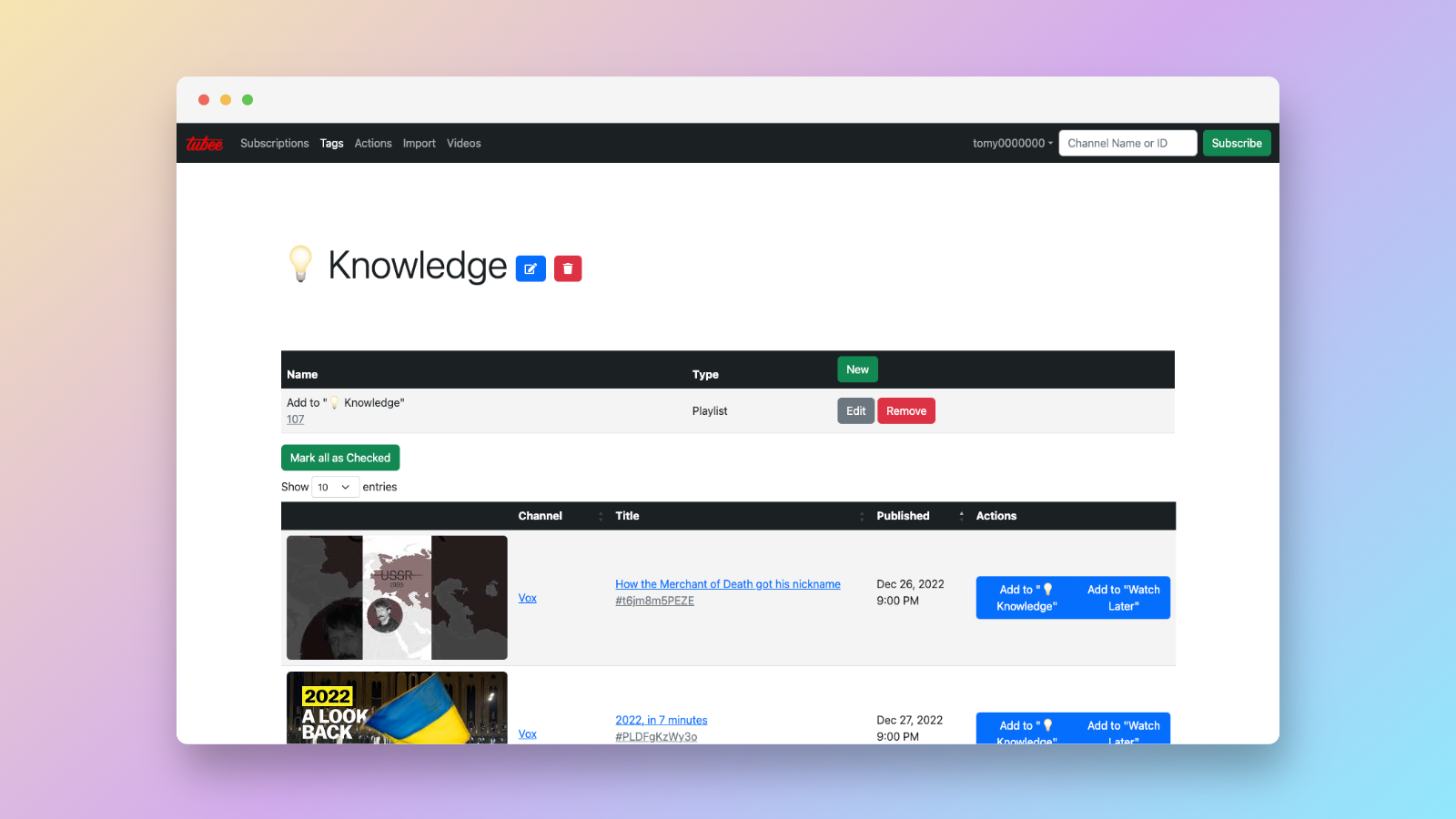 Screenshot of Tubee platform's playlist page showing video list and action buttons